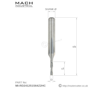 6.35mm Shank Mach Industrial MI-RD241251S64Z2HC solid tungsten carbide spiral down cut 2 flute spiral router bit. 2.4mm Cutting edge diameter or 3/32