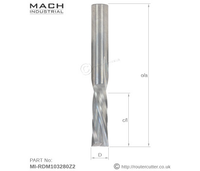 10mm CED Mach Industrial MI-RDM103280Z2 solid carbide down cut 2 flute spiral router bit. Down cut spiral router bits machined from premium grade micro grain tungsten carbide. Down cut spirals for down shear, chip ejection directed away from router.