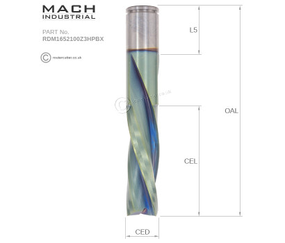 16mm Meteric shank Mach Industrial RDM1652100Z3HPBX solid carbide down cut 3 flute spiral router bit with long life nano coating, RDM1652100Z3HPBX is machined from a higher grade of tungsten carbide to further extend longevity. For CNC only.
