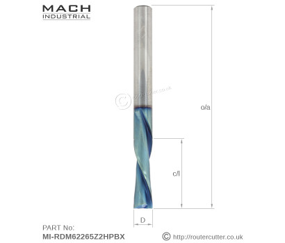 6mm Shank Mach Industrial MI-RDM62265Z2HPBX solid carbide down cut 2 flute spiral router bit for CNC and hand held routing. Harder grade tungsten carbide and nano coating for MDF, HDF; hardwood and sofwoods, HPL, laminates and plywood.