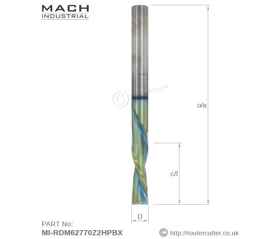 6mm Shank Mach Industrial MI-RDM62770Z2HPBX solid carbide down cut 2 flute spiral router bit with nano coating for high wear applications like CNC cutting of man-made boards and laminates. Machined from 6mm higher grade nano tungsten carbide.