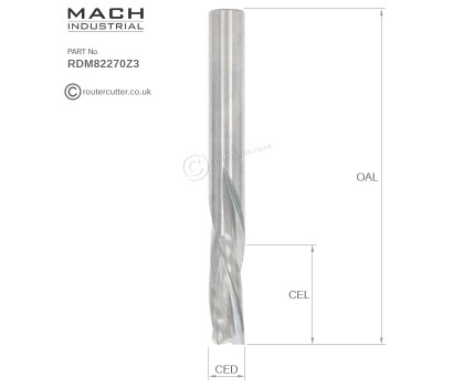 8mm Shank Mach Industrial MI-RDM82270Z3 Tungsten Carbide 3 Flute Down Cut Spiral Router Bit with 8mm cutting edge diameter CED; 22mm cutting edge length CEL. Premium grade tungsten carbide for demanding CNC operations and manual hand-held routers.