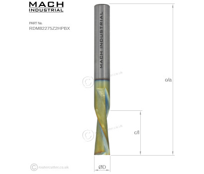 8mm Shank Mach Industrial MI-RDM82275Z2HPBX nano coated solid carbide 2 flute down cut spiral router bit. Fine grain high grade harder tungsten carbide for longevity when cutting abrasive boards. CNC nesting and milling,  high wear applications.