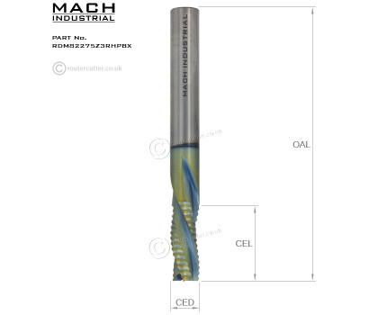 8mm Shank Mach Industrial MI-RDM82275Z3RHPBX nano coated tungsten carbide down cut 3 flute roughing spiral router bit for CNC nesting. 8mm Cutting edge diameter CED. 22mm Cutting edge length CEL. Nano coating and fine grain harder tungsten carbide.