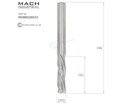 8mm Shank Mach Industrial MI-RDM83280Z3 Tungsten Carbide 3 Flute Down Cut Spiral Router Bit with 8mm cutting edge diameter CED; 32mm cutting edge length CEL. Premium grade tungsten carbide for demanding CNC and manual hand-held router operations.