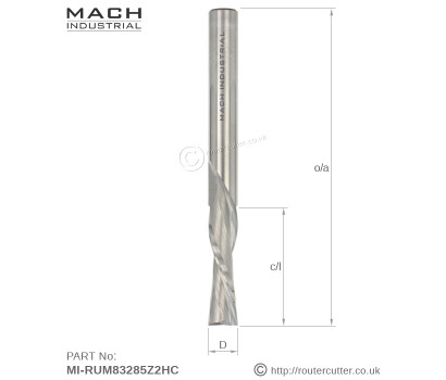 8mm Shank Mach Industrial MI-RDM83285Z2HC solid carbide 2 flute down cut spiral router bit for abrasive man-made boards and laminates. For CNC nesting operations and portable routers. 32mm Cutting edge length CEL. K01 Nano grain tungsten carbide.