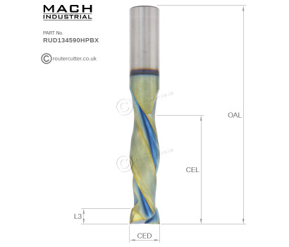 12.7mm Shank Mach Industrial MI-RUD134590HPBX Nano Coated 2+2 Compression Router Bit for cutting hardwood, softwood, MDF, HDF, Birch plywood, laminated boards, HPL. Harder grade tungsten carbide and nano coating for abrasive CNC nesting.