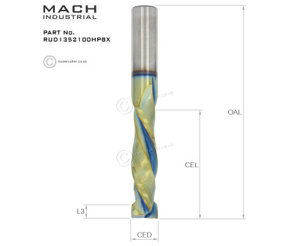 12.7mm Shank Mach Industrial MI-RUD1352100HPBX Nano Coated Tungsten Carbide 2+2 Compression Spiral Router Bit for high quality top and bottom edge finish. Harder tungsten carbide and nano coating for demanding CNC nesting and trimming. 1/2