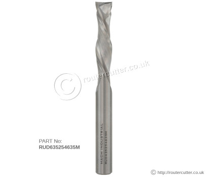 6.35mm Shank Mach Industrial RUD635254635M Solid Carbide 2+2 Flute Compression Spiral Router Bit for double sided veneered and laminated boards. CNC routing of MDF, HDF, MFC, Plywood, harwood, softwood and high pressure laminates.