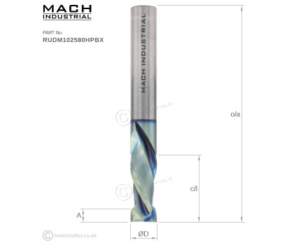 10mm Diameter Mach Industrial MI-RUDM102580HPBX Nano Coated 2+2 Compression Spiral for CNC nesting and milling in demanding operations. High grade of harder carbide plus a nano coating for withstanding higher cutting temperatures and abrasion.