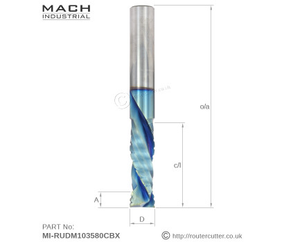 10mm Mach Industrial MI-RUDM103580CBX multi chip beaking spiral 2+2 compression router bit with progressive diamond like coating DLC. Machined from harder carbide for higher CNC feedrates and aggressive nesting cuts in abrasive man made boards.