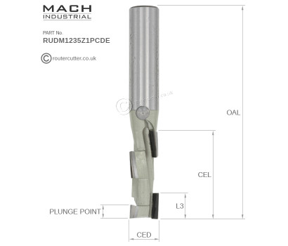 12mm Shank Mach Industrial MI-RUDM1235Z1PCDE PCD 1+1 compression router bit. PCD for longer cutting life, cutting edge longevity. CNC nesting, plunging and trimming operations. Polycrystalline diamond for improved resistance against abrasion.