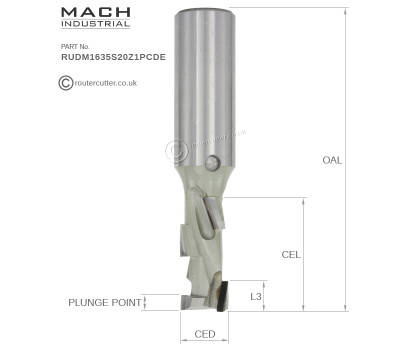 20mm Shank Mach Industrial MI-RUDM1635S20Z1PCDE PCD 1+1 compression router bit. 16mm Cutting edge diameter CED and 35mm cutting edge length CEL. Longer cutting edge life versus carbide. CNC nesting, plunging and trimming in abrasive materials.