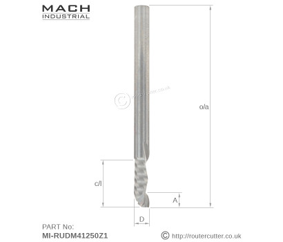 4mm Metric shank Mach Industrial MI-RUDM41250Z1 solid tungsten carbide 1+1 compression spiral router bit for MDF. HDF, plywood, hardwoods and softwoods. 4mm Up cut length for shallow pocketing and dado, for CNC and hand operated routers.