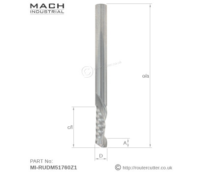 5mm Metric shank Mach Industrial MI-RUDM51760Z1 solid tungsten carbide 1+1 compression spiral router bit for MDF. HDF, plywood, hardwoods and softwoods. 4mm Up cut length for shallow pocketing and dado, for CNC and hand operated routers.