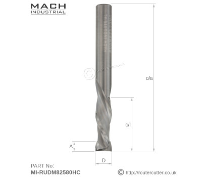8mm shank Mach Industrial MI-RUDM82580HC Up Down Cut Compression Spiral 2+2. Harder Tungsten Carbide for abrasive man-made boards. For high production CNC cutting of HPL, MFC, MDF, HDF; Birch plywood; high pressure laminates; solid core laminates.