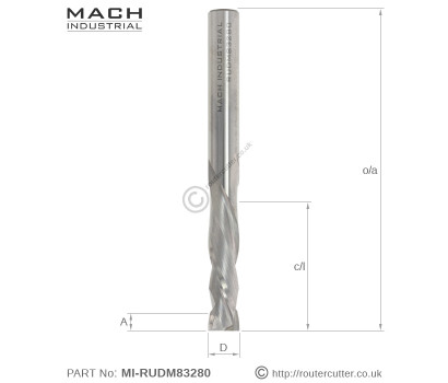 Mach Industrial MI-RUDM83280 Compression Spiral Router Bit with 2+2 flute arrangement. Best edge finish on top edge and bottom edge of veneered or laminated MDF, plywood and MFC boards.