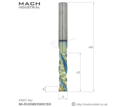 8mm Mach Industrial MI-RUDM83580CBX multi chip beaking spiral 2+2 compression router bit with progressive diamond like coating DLC. Machined from harder carbide for higher CNC feedrates and aggressive nesting cuts in abrasive man made boards.