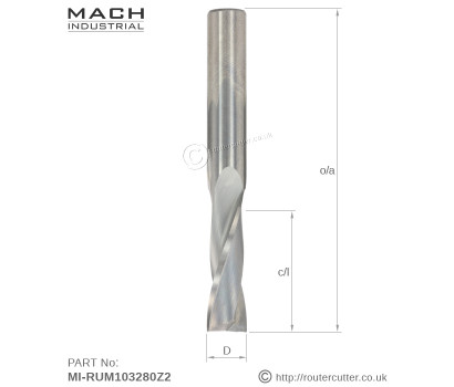 10mm CED Mach Industrial MI-RUM103280Z2 solid carbide up cut 2 flute spiral router bit. Up cut spiral router bits machined from premium grade micro grain tungsten carbide. Up cut spirals for up shear and improved chip ejection.