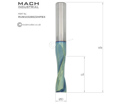 10mm Shank Mach Industrial MI-RUM103280Z2HPBX Nano Coated Carbide Up Cut 2 Flute Spiral Router Bit. 10mm Cutting edge diameter CED and 32mm cutting edge length CEL. For CNC operations; cutting MDF; MFC; Birch Plywood; hardwoods; laminates; melamine.