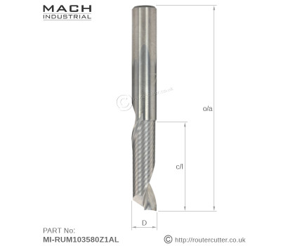 10mm Specialized up cut spiral for Aluminium milling, Mach Industrial MI-RUM103580Z1AL. Machined from high grade solid tungsten carbide, 1 flute o-flute with polished inner flute for optimum swarf clearance. For Alu milling and high demand CNC works.