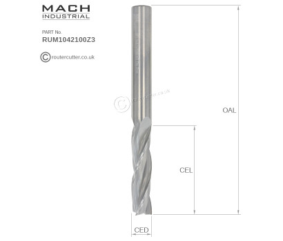 10mm Shank Mach Industrial MI-RUM1042100Z3 tungsten carbide 3 flute up cut spiral router bit for CNC nesting and trimming, hand router and table router. 10mm Cutting edge diameter (CED), 42mm cutting edge length (CEL). 3 Flute for faster feedrates.