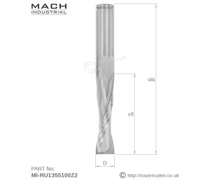 Mach Industrial MI-RUM1355100Z2 solid tungsten carbide up cut 2 flute spiral router bit.