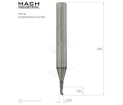 6mm Mach Industrial MI-RUM2650S6Z1ACMX Up Cut 1 Flute Spiral Router Bit. DLC coating for ACM aluminium composite materials like Dibond®, Alucobond®. CNC cut ACM cladding and signage. DLC coatings for lonevity. 2mm CED cutting edge diameter.