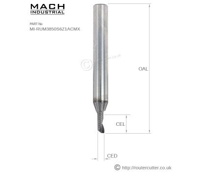 6mm Shank Mach Industrial MI-RUM3850S6Z1ACMX Up Cut 1 Flute Spiral Router Bit. DLC coating for ACM aluminium composite materials like Dibond®, Alucobond®. CNC cut ACM cladding and signage. DLC coatings for lonevity. 3mm CED cutting edge diameter.