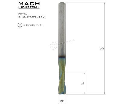 4mm Diameter Mach Industrial MI-RUM41250Z2HPBX Nano Composite Coated 2 Flute Up Cut Spiral Router Bits. 4mm Cutting edge diameter CED with high resistance to abrasion. Harder carbide for CNC cutting of man-made composite boards and laminates.