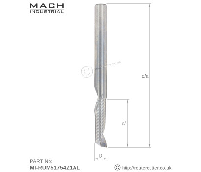 5mm Specialized up cut spiral for Aluminium milling, Mach Industrial MI-RUM51754Z1AL. Machined from high grade solid tungsten carbide, 1 flute o-flute with polished inner flute for optimum swarf clearance. For Alu milling and high demand CNC works.