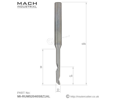 Mach Industrial MI-RUM52040S8Z1AL long neck (long reach) up cut spiral with 1 flute O-flute for Aluminium extrusion milling and drilling. Polished inner flute for optimum swarf ejection. Popular with Aluminium window frame industry.