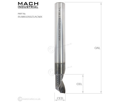 6mm Shank Mach Industrial MI-RUM61050Z1ACMX Up Cut 1 Flute Spiral Router Bit. DLC coating for ACM aluminium composite materials Dibond®, Alucobond®. CNC cut ACM cladding and signage. DLC coatings for lonevity. 6mm CED cutting edge diameter.