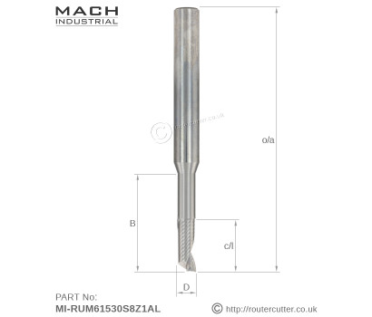 Mach Industrial MI-RUM61530S8Z1AL long neck (long reach) up cut spiral with 1 flute O-flute for Aluminium extrusion milling and drilling. Polished inner flute for optimum swarf ejection. Popular with Aluminium window frame industry.