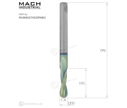 6mm Shank Mach Industrial MI-RUM62270Z2RNBX Nano Coated Up Cut Round Nose Spiral Router Bit with 3mm radius ball nose. Nano coated harder grade tungsten carbide for longer cutting life in abrasive materials. Ball nose spirals for 2D 3D carving.