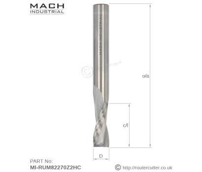 8mm Shank up cut spiral for man-made boards. Mach Industrial MI-RUM82270Z2HC harder carbide 2 flute up cut spiral router bit for demanding CNC nesting and portable router operations. 22mm Cutting edge length CEL for birch plywood, MDF, HDF, MFC.