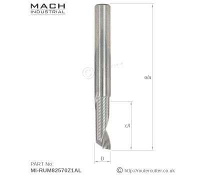 8mm Shank Mach Industrial solid carbide spirals up cut 1 flute o-flute for aluminium cutting. Polish inside flute for low friction efficient swarf chip clearance. Up cut spirals specialized for aluminium, recommendefor high demand CNC applications.