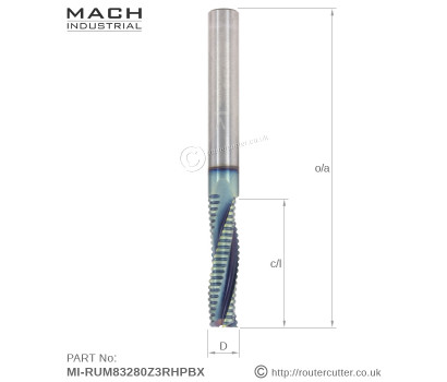 8mm Mach Industrial RUM83280Z3RHPBX Solid Carbide Up Cut 3 Flute Roughing Spiral Router Bit for high demand CNC nesting. RUM83280Z3RHPBX machined from nano grain tungsten carbide, harder carbide plus coated with a high tech nano coating.