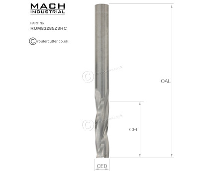 8mm Shank Mach Industrial MI-RUM83285Z3HC Solid Tungsten Carbide 3 Flute Up Cut Spiral Router Bit for high wear applications. Long life harder tungsten carbide for CNC nesting in natural woods, composites, hard plastics, thin aluminium, laminates.