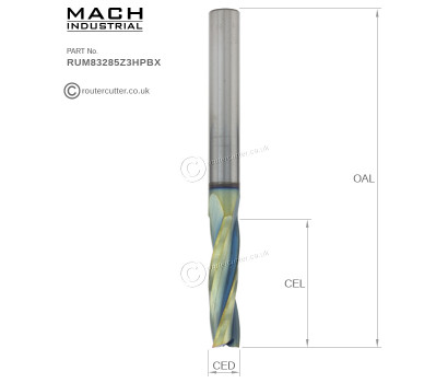 8mm Metric Shank Mach Industrial MI-RUM83285Z3HPBX Nano Coated Harder Solid Tungsten Carbide 3 Flute Up Cut Spiral Router Bit. For CNC nesting and edge finish operations. 8mm Cutting edge diameter CED. 32mm cutting edge length CEL.