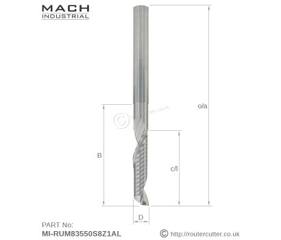 8mm Long Neck Mach Industrial MI-RUM83550S8Z1AL Up Cut Spiral for Aluminium and plastic window extrusions. Polished 1 Flute O flute for longreach CNC operations where plunge and side milling is required. For Alu and plastic window extrusions.