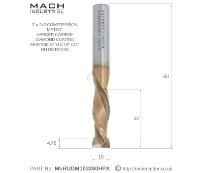 10mm Mach Industrial MI-RUDM103280HPX DLC Coated 2+2 Compression Spiral Router Bit designed for CNC and highly abrasive manmade boards like MDF, HDF, MFC, High Pressure Laminates HPL and Birch Plywood.