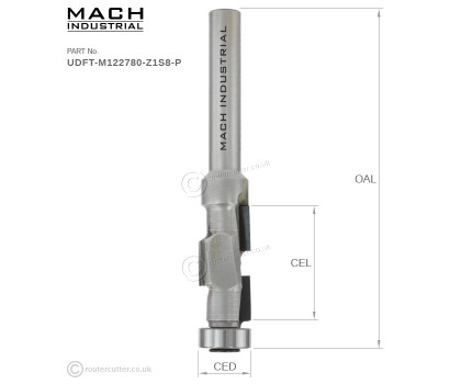 PCD tipped Mach Industrial UDFT-M122780-Z1S8-P flush trim router bit, 1+1 compression. 8mm Shank and 12mm cutting edge diameter CED. Polycrystalline diamond PCD cutting tips for flush trimming abrasive materials like laminates and chipboard.
