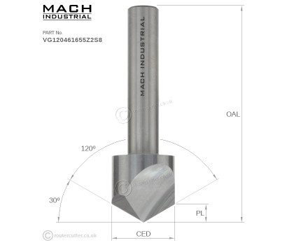 8mm Mach Industrial MI-VG120461655Z2S8 V-groove 120 degree solid tungsten carbide router bit for hand carving and CNC. For 2D and 3D carving, engraving and lettering. 120 Degree incuded angle 2 flute. 1 Piece premium solid tungsten carbide.