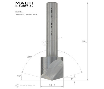 Mach Industrial MI-VG150211655Z2S8 V-groove 150 degree solid tungsten carbide router bit