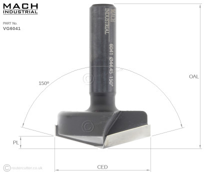 12.7 Shank Mach Industrial MI-VG6041 V-Groove 150 Degree Router Bit for 150 degree included angle grooving. 2 Flute tungsten carbide tipped V Groove router bits for CNC 2D and 3D carving, smoother finishes and faster feedrates.