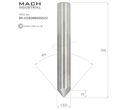 8mm Shank Mach Industrial MI-VG82M84555Z2 solid tungsten carbide V-groove router bit for 82 degree countersink holes. Great for 82 degree screw head holes. 2 Flute harder tungsten carbide for longer life in industrial CNC applications.