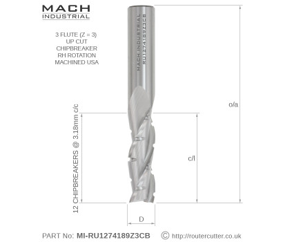 Mach Industrial MI-RU1274189Z3CB Solid Carbide 3 Flute Up Cut Spiral with Chipbreakers. Fo high production CNC and a good semi-finishing. The CEL of MI-RU1274189Z3CB is divided by 12 chipbreakers at centre to centre spacing of 3.18mm.