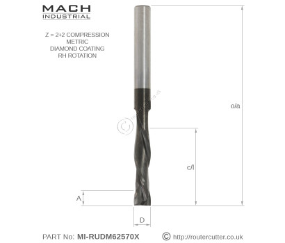 2+2 Compression spiral router bit Mach Industrial MI-RUDM62570X with diamond like coating. 6mm Up Down cut spiral router bits for fine quality finish on both faces when cutting veneered and laminated boards like plywood, MDF and MFC.