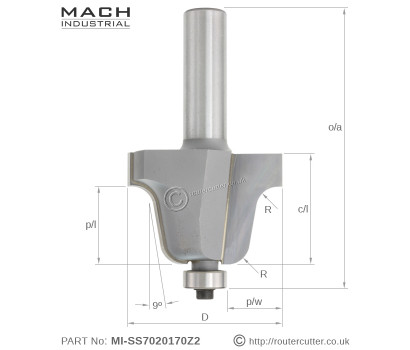 2 Flute tungsten carbide tipped Mach Industrial Roman Ogee router bit for solid surface cutting. Solid surface qualified with highly polished cutting edges. Solid surface countertop and splashback roman ogee edge architectural profile.